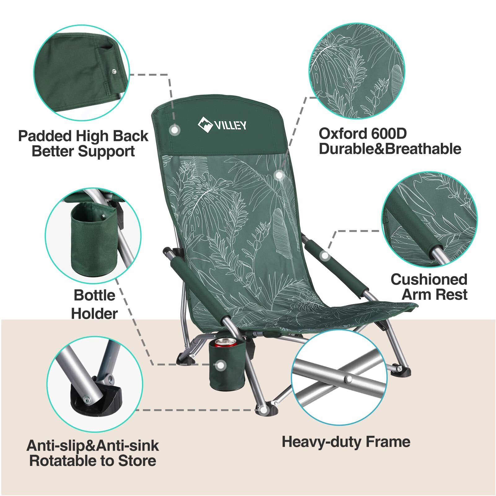 VILLEY Low Beach Chair High Back Folding Adult Chair - Vintage Green Leaves New gallery