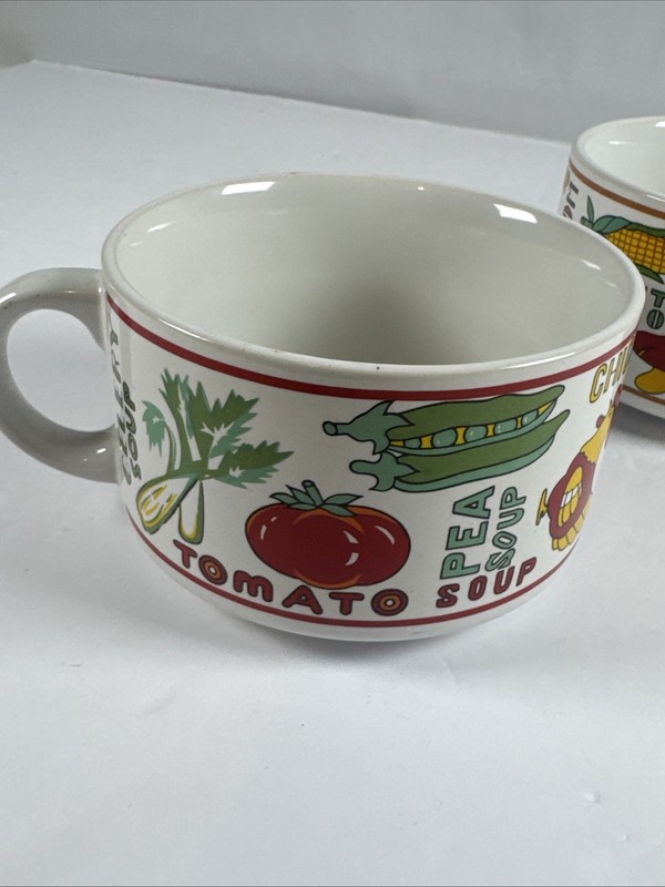 (2) Bowl Soup Chili Vegetable Chicken Tomato Cereal Ceramic Words Vintage gallery