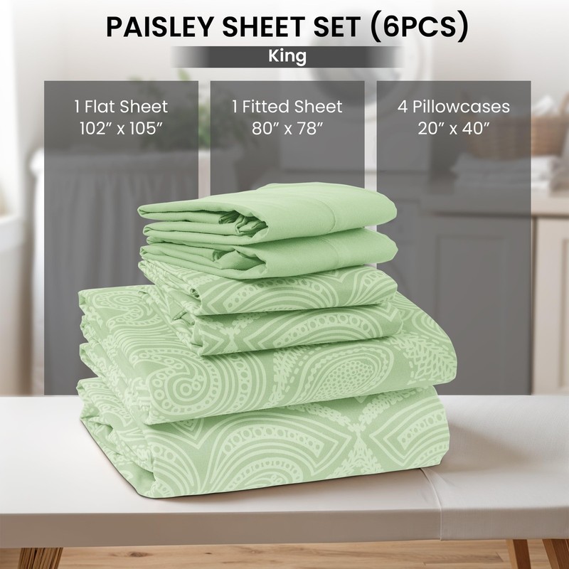 BED SHEETS Pillowcases Microfiber King Paisley Sage 6 Pc LUX DECOR COLLECTION gallery