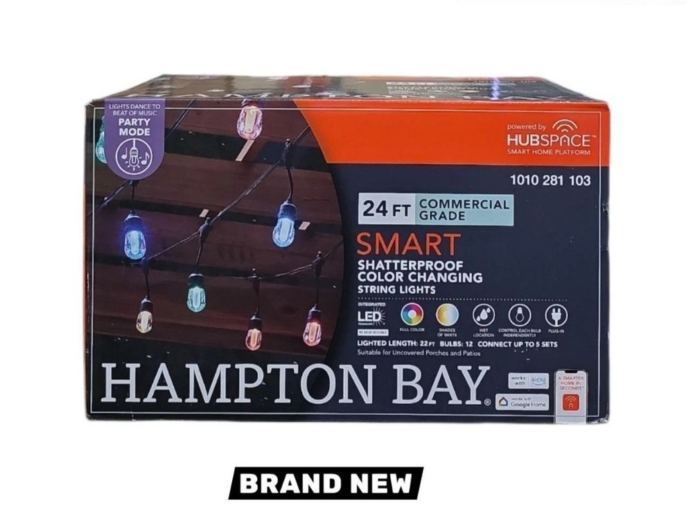 Hampton Bay Smart Black 12-Light 24ft Indoor/Outdoor Plug in String Light RGBW