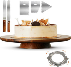13″ Acacia Cake Stand Rotating – Rustic Wood Pedestal Stands Turntable with 2 Ic