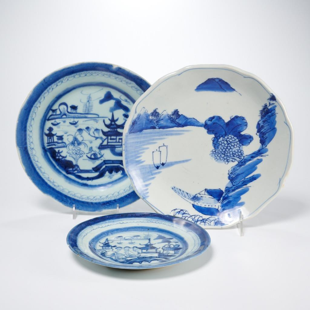 Blue Canton Historic China Export Unmarked Set of 3 Plates 8.25" Antique gallery