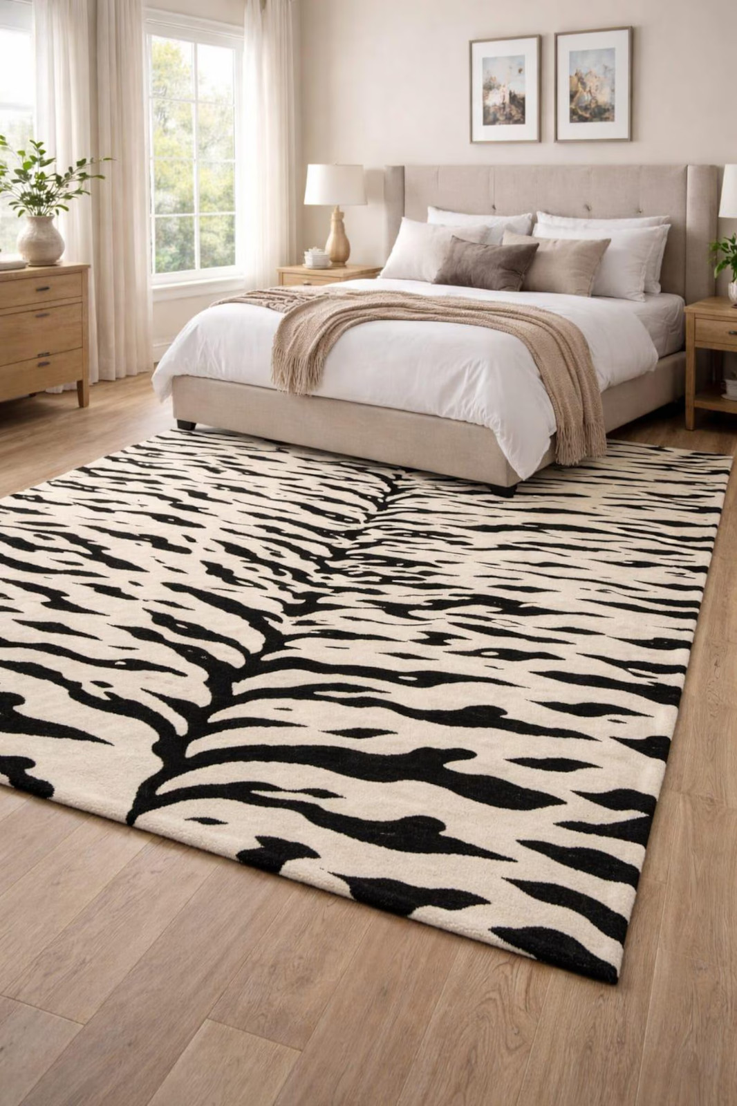Modern Soft Abstract Hand Tufted Wool Zebra Rug, Black and Beige Animal Print gallery