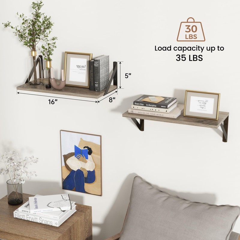 Axeman Rustic Grey Wood Floating Wall Shelves Set of 2, 16 x 8 in Farmhouse gallery