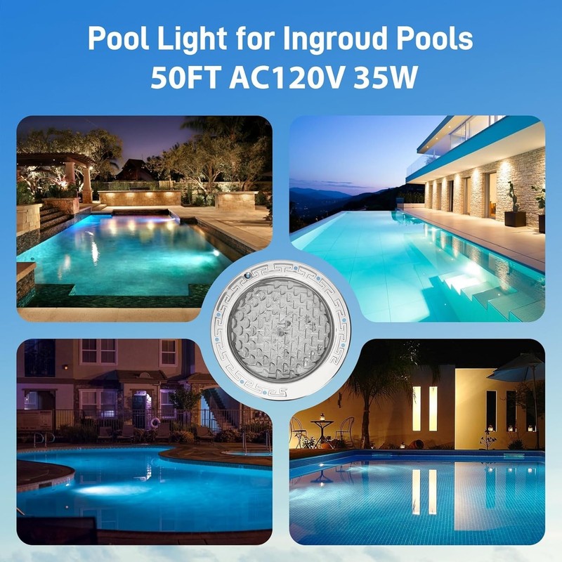 10 Inch Pool Light for Inground Pool (White), AC120V, 35W, 50 Foot Cord gallery
