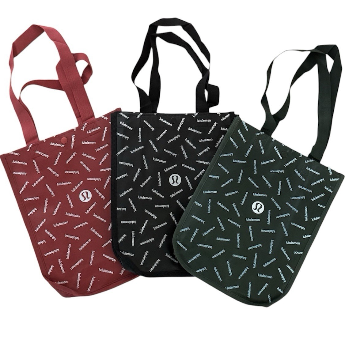 3 Lululemon Reusable Shopping Tote Bags Small Green, Red & Black NEW! gallery