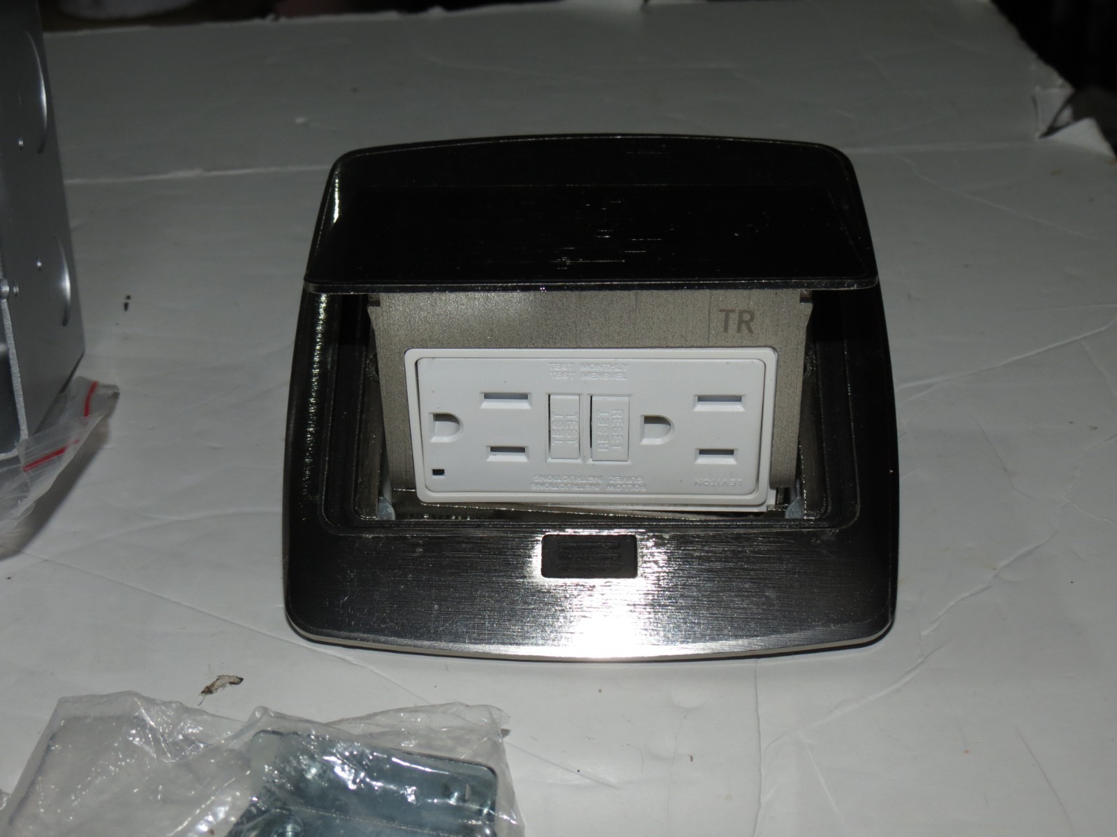Pop-Up Floor Box with 15 Amp, Tamper-Resistant Self-Test GFCI Outlet, Brushed gallery
