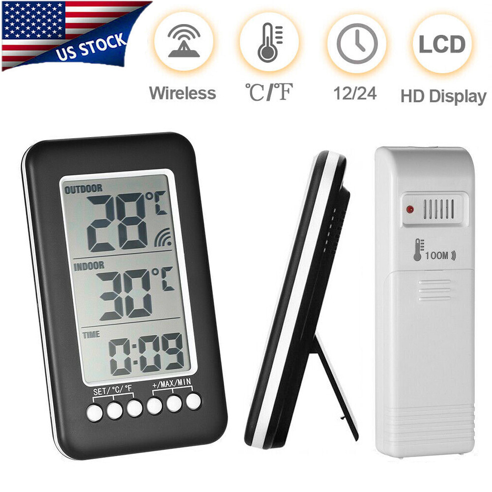 Digital LCD Thermometer Clock Wireless Indoor/Outdoor Temperature Meter Gauge gallery
