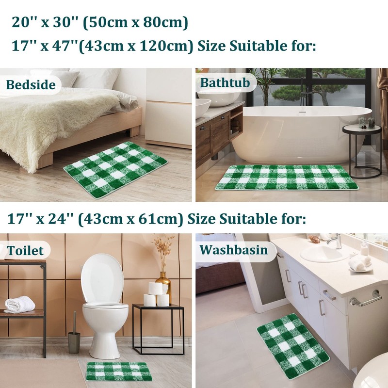 Microfiber Plaid Pattern Bathroom Rugs Extra Soft Fluffy Absorbent 20x30 Green gallery