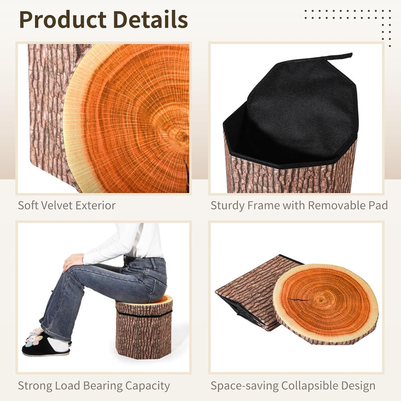 4 Pcs Tree Stump Storage Stools, Creative Storage Ottomans, Folding Chairs with gallery