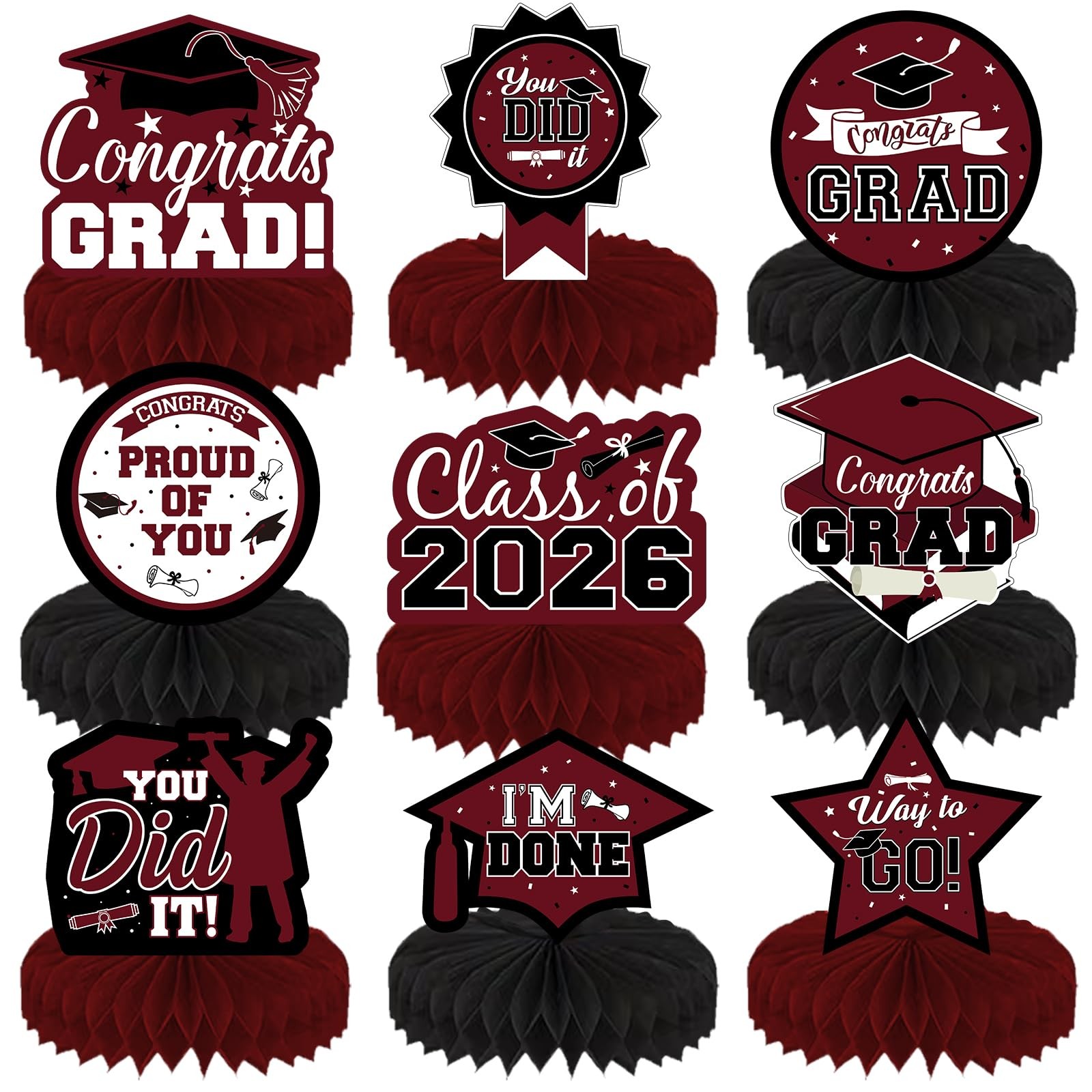 2026 Graduation Table Honeycomb Centerpieces, 9Pcs Maroon Black Congrats Grad... gallery
