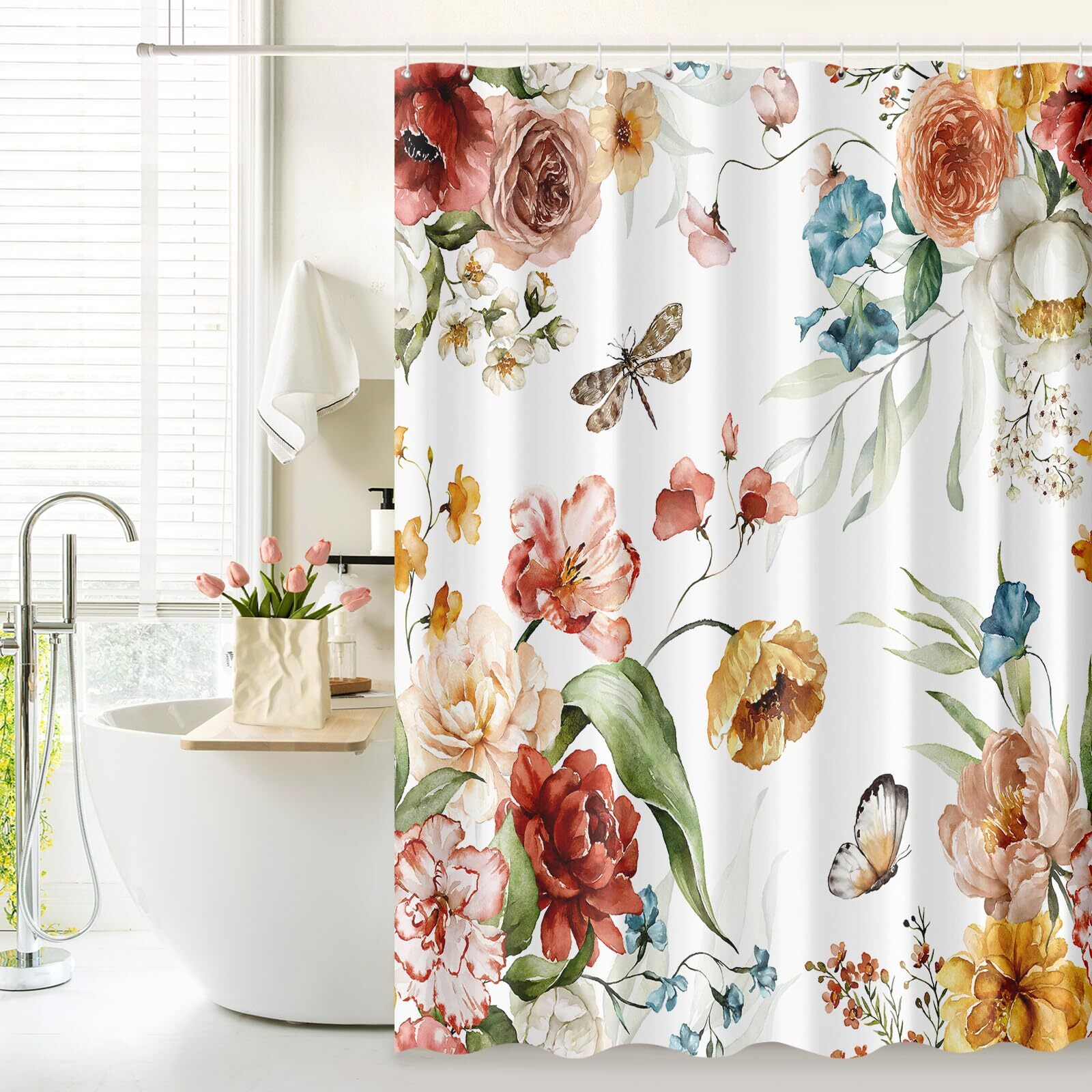 Rustic Blooming Red Yellow Floral Shower Curtain Colorful Watercolor Leaves w... gallery