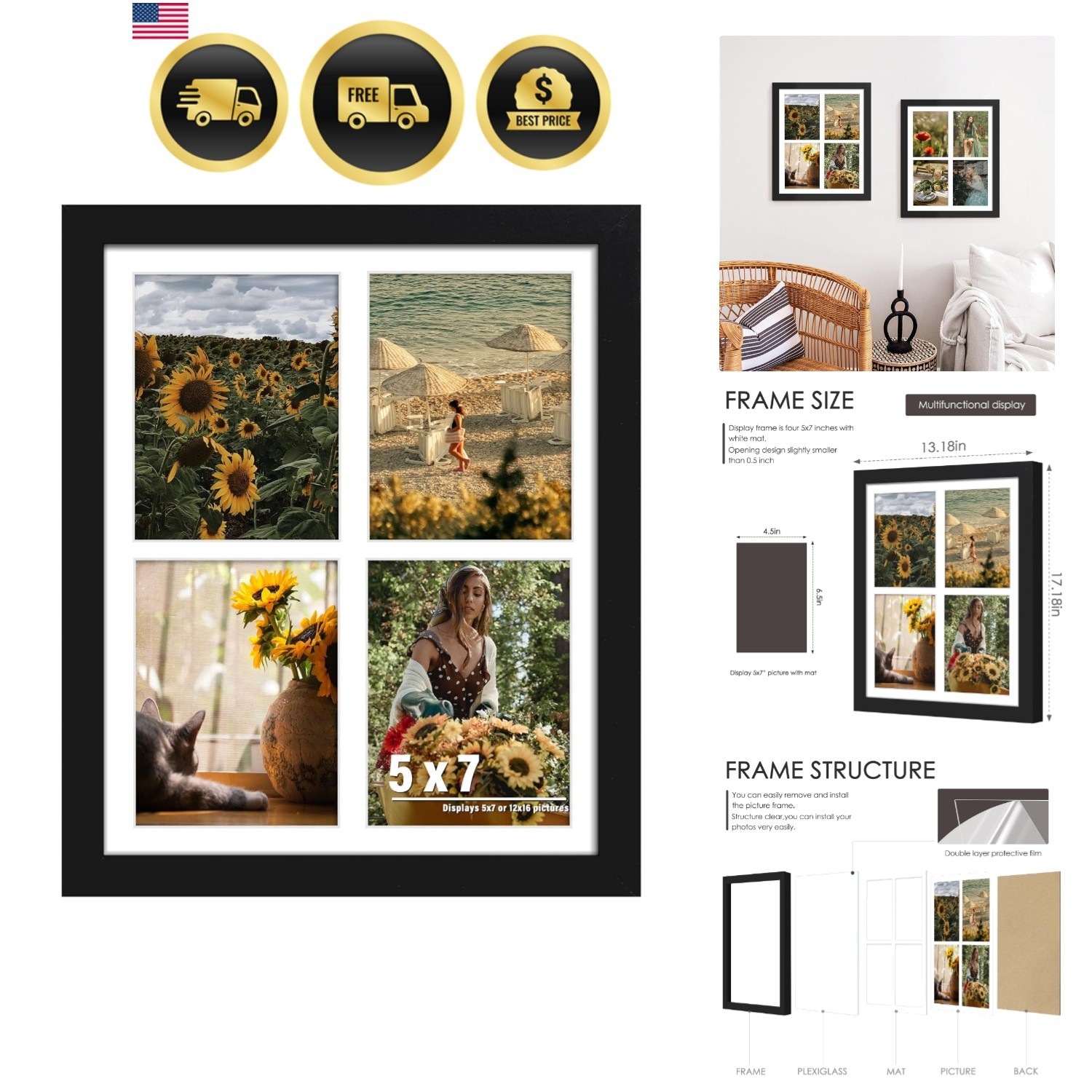 12x16 Picture Frame, 5x7 Collage Picture Frame, Displays Four 5x7 inch Photos... gallery