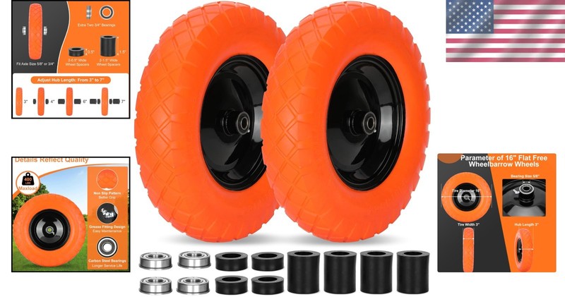 Upgraded 16" Solid Wheelbarrow Tires - 5/8"&3/4" Bearings gallery