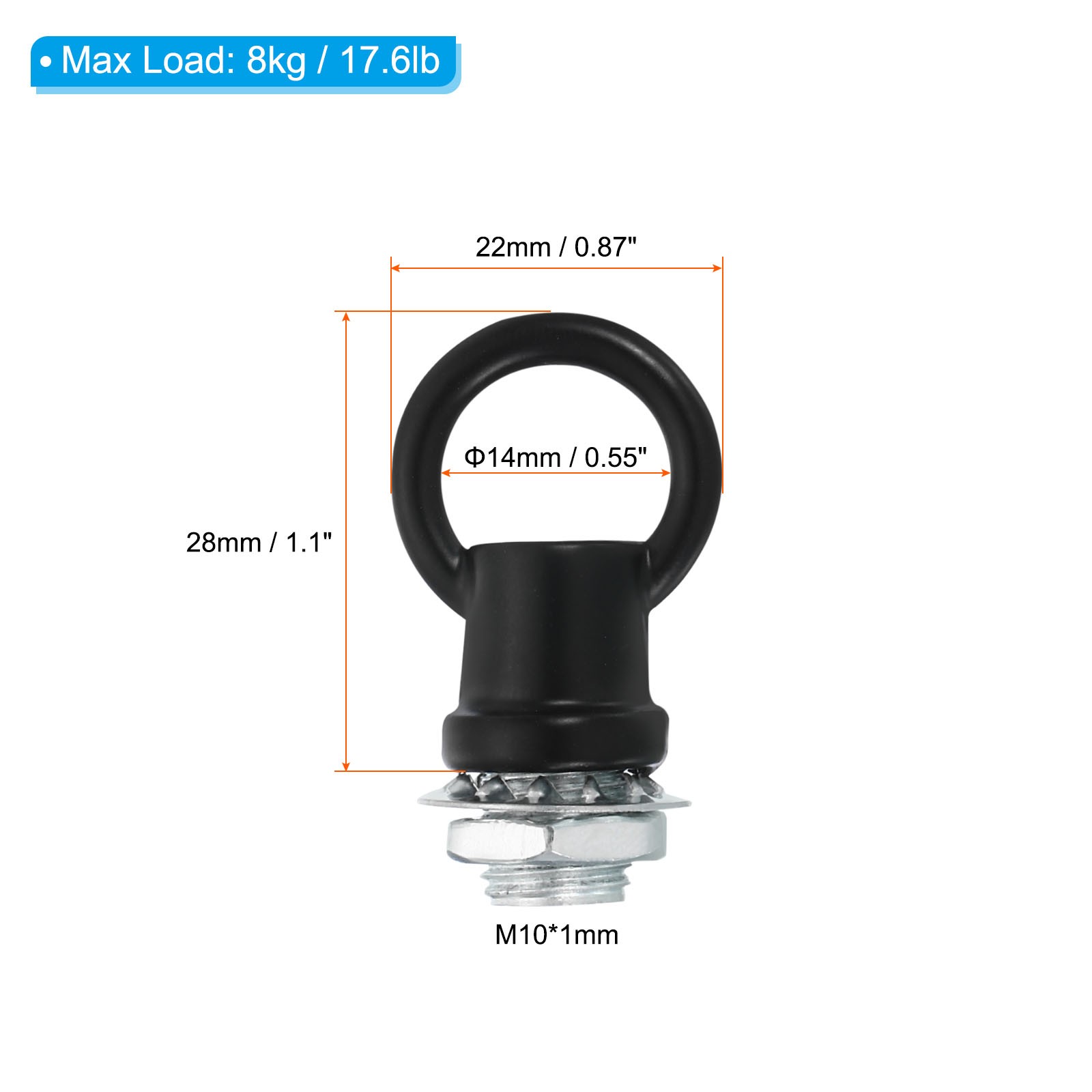 3set 8kg M10 Thread Lifting Eye Nut Female Loop Holder 14mm Hook Ring Black gallery