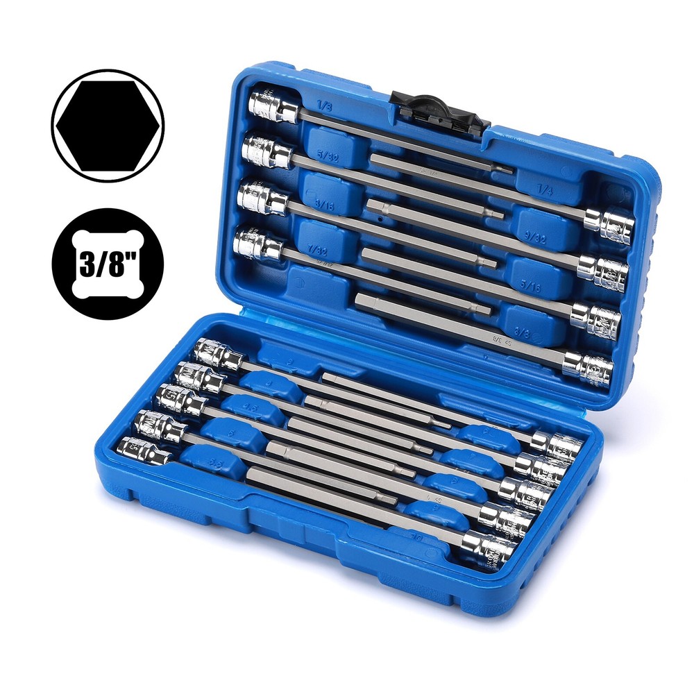 18PCS 3/8"Dr. Extra Long Hex Bit Socket Set, 1/8 Inch to 3/8 Inch, 3mm to 10mm