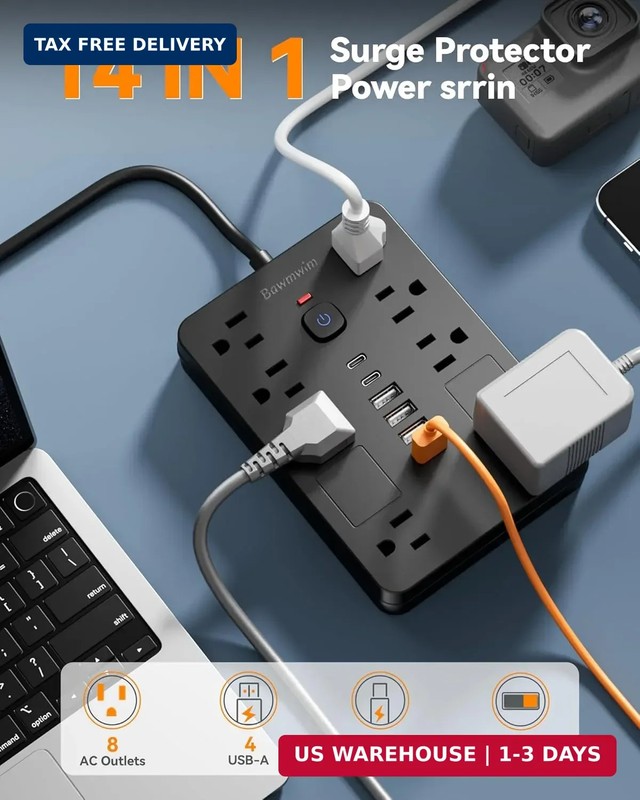 Surge Protector Power Strip - 8 Outlets(1850W/15A/14AWG) with 6 USB Ports(2 USB gallery