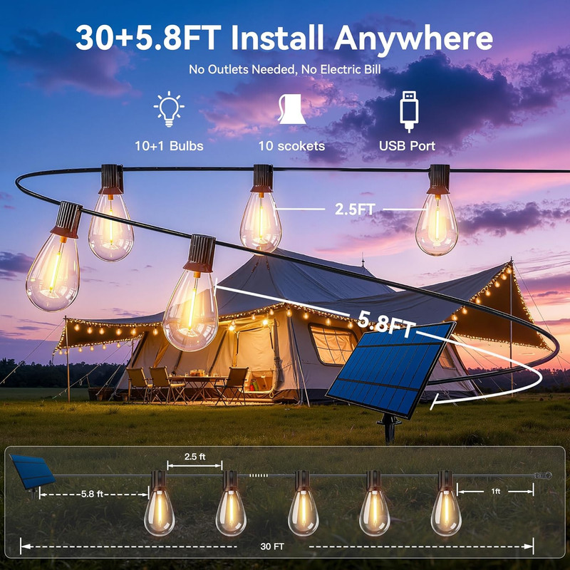 S11 30FT Solar String Lights Outdoor with Remote, Waterproof Dimmable Patio Ligh gallery