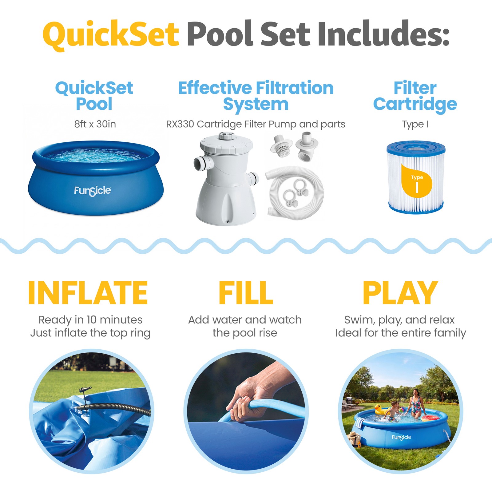 Funsicle 8' x 30" QuickSet Inflatable Ring Top Outdoor Above Ground Pool w/Pump gallery