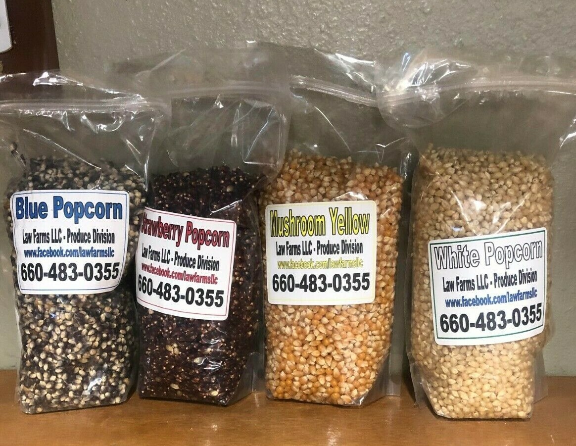 Home Grown Popcorn Sampler - 4 Bags, 2lbs Each - Strawberry, Blue, White, Mushro gallery