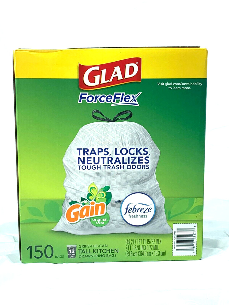 Glad ForceFlex Tall Kitchen Drawstring Trash Bags Original Scent 13 Gal 150 CT