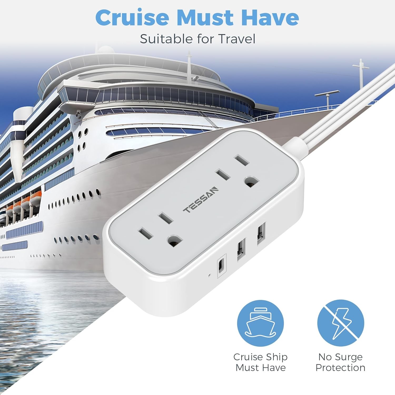 Surge Protector Power Strip with Ultra Thin Flat Plug 4 Outlet 3 Prongs 3 USB gallery