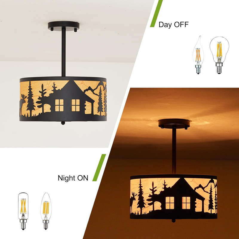 Rustic 3-Light Semi-Flush Mount Ceiling Light with Deer & Bear Design gallery