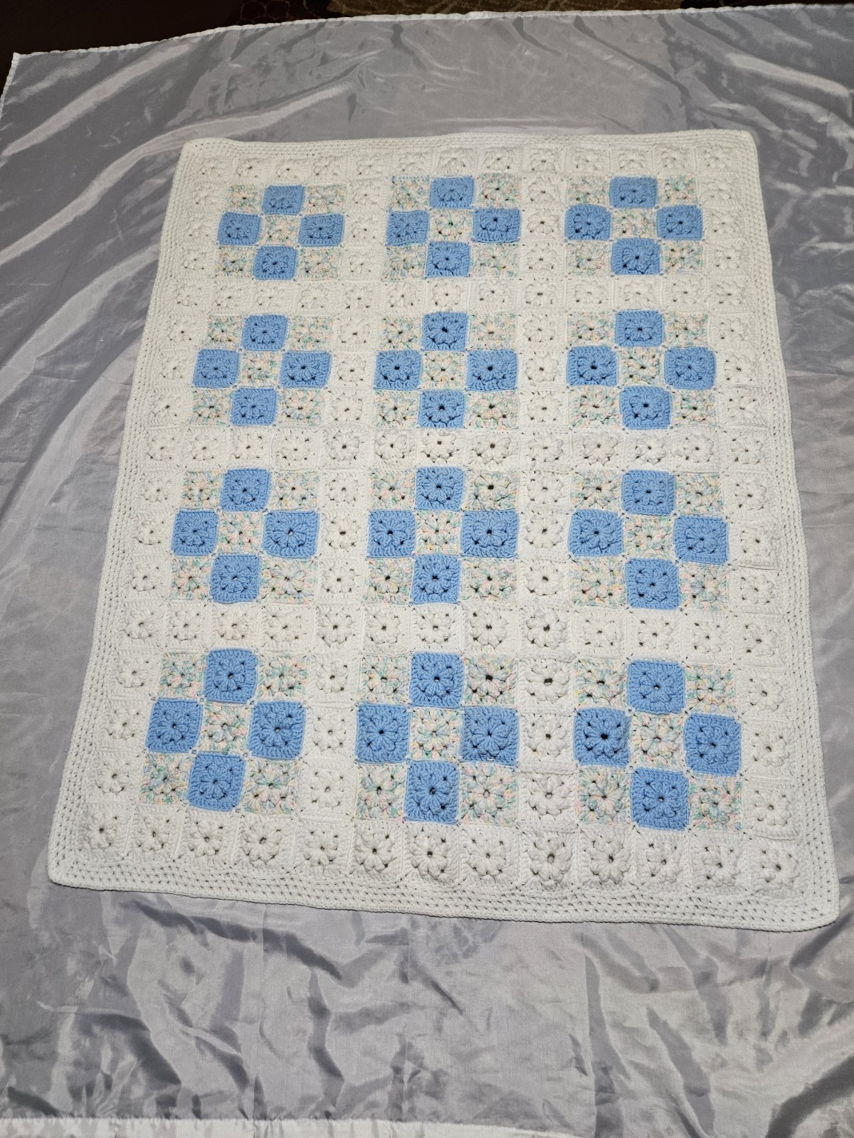 3D Granny Square Blue And White Afghan 38 in. x 50 in. Handmade gallery
