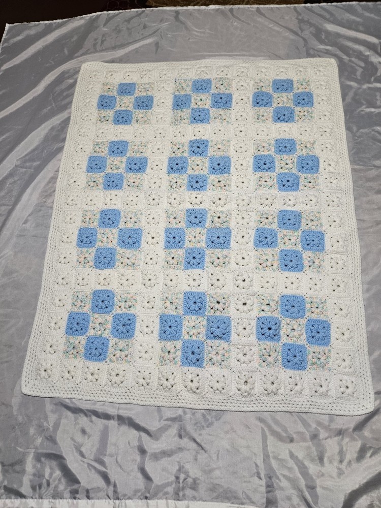 3D Granny Square Blue And White Afghan 38 in. x 50 in. Handmade
