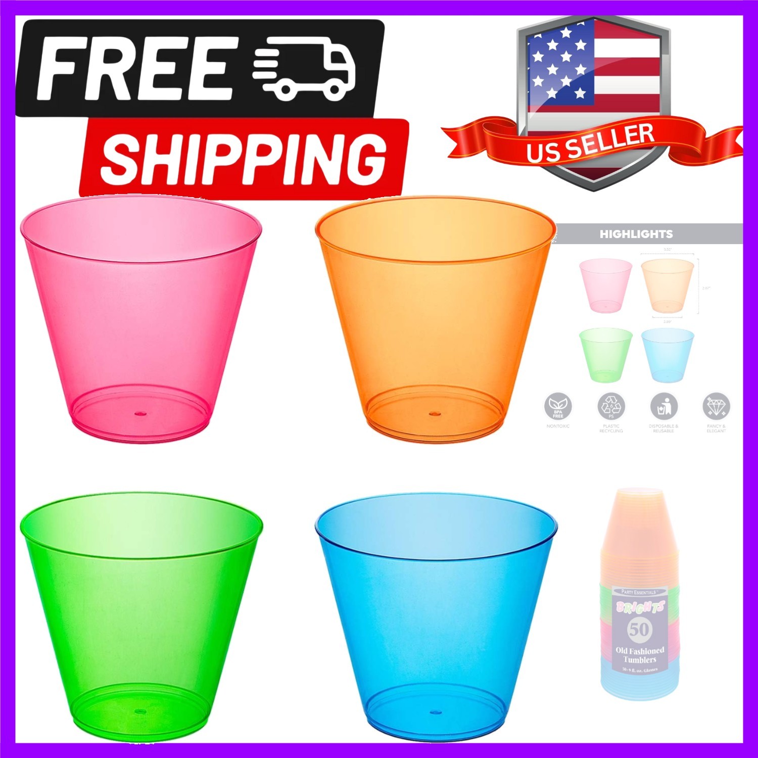 Plastic Cups, 50-Count, Assorted Neon gallery
