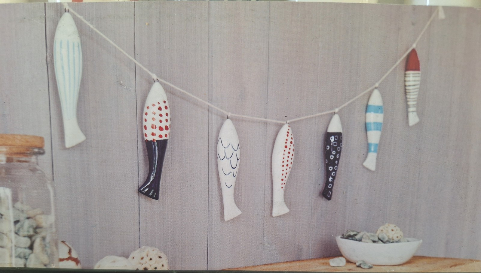 NEW Threshold Hand Painted Stoneware Garland 7 Unique Fish on 5 Ft String Beach gallery