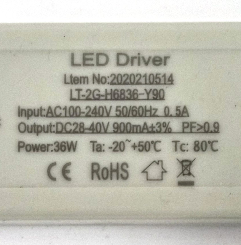 Unbranded LT-2G-H6836-Y90 LED Driver – 28–40V 900mA 36W Tested gallery