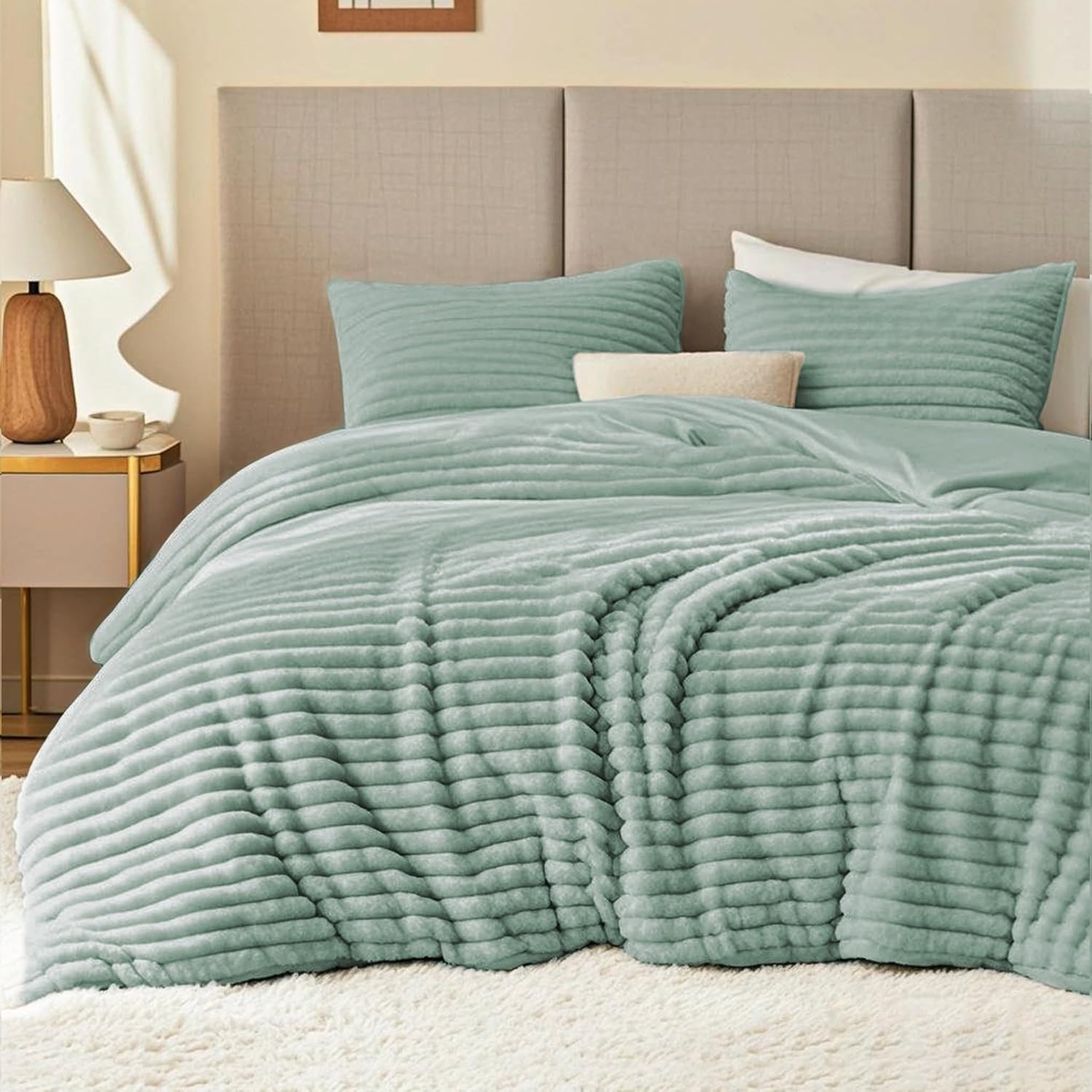 Frye 2" Solid Channel Luxury Faux Fur Comforter 3 Piece Queen Set, Reversible gallery