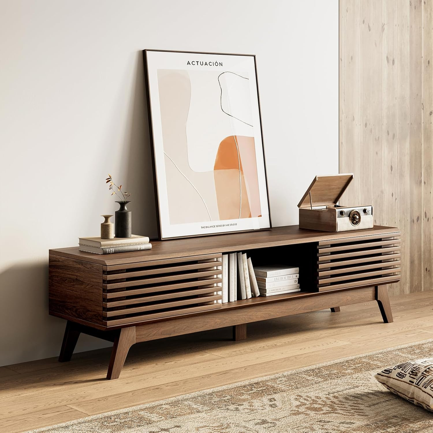59" TV Stand for 55"/60"/65" Tvs, Mid-Century Modern Fluted Entertainment Center gallery