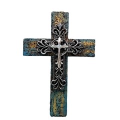 Rustic Turquoise Wall Cross Christian Faith Metal Overlay Southwest Decor 15 in