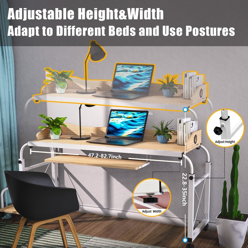 Adjustable Extendable Overbed Laptop Desk 55-85 Cm Height With Wheels Burlywood gallery
