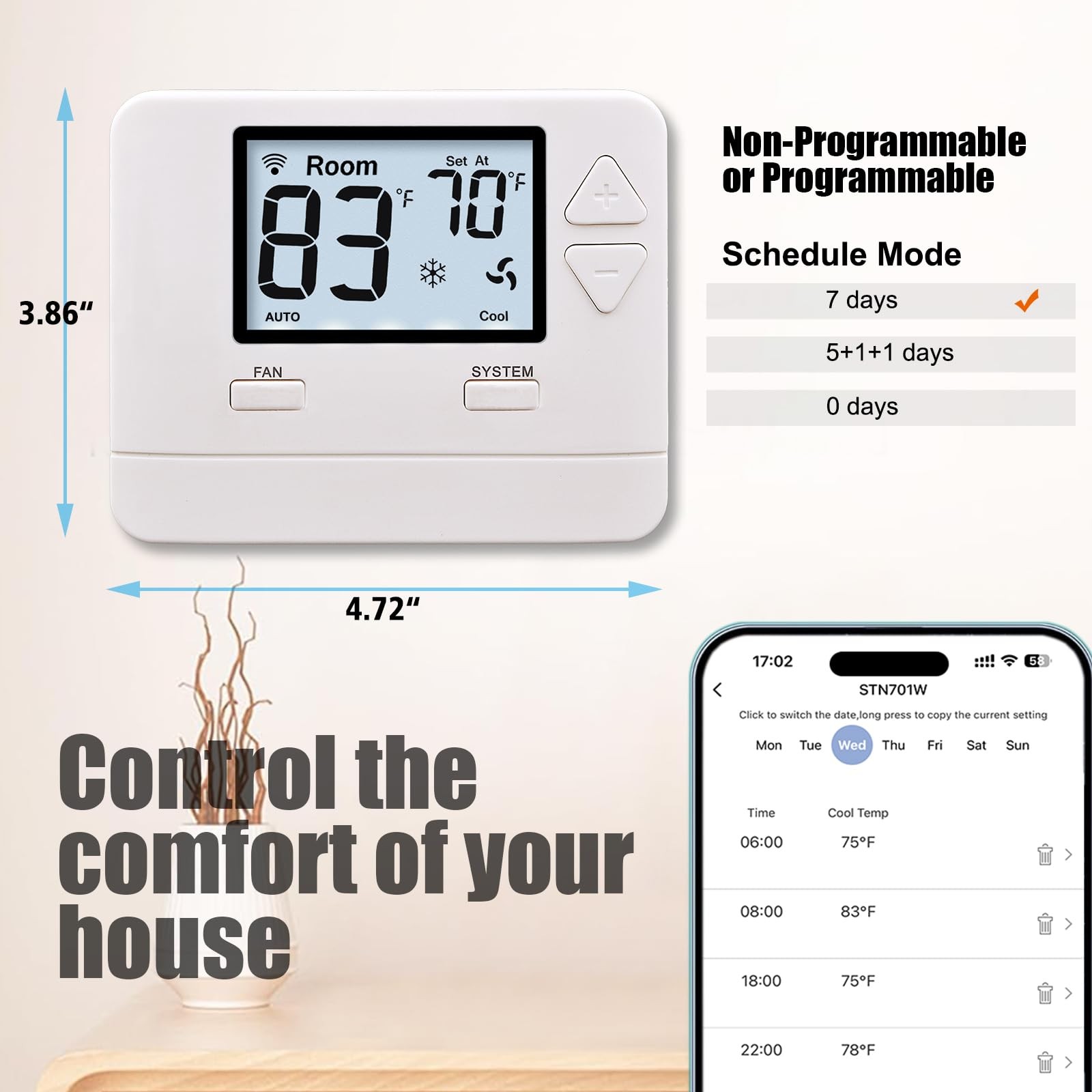 Heagstat WiFi Thermostat for Home, Single-Stage 1 Heat 1 Cool Only, Off-white gallery
