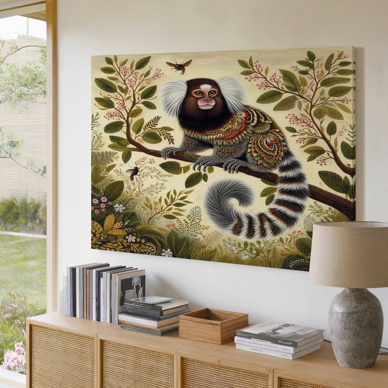 Whimsical Small Monkey on Branch with Detailed Foliage Canvas Wall Art Print gallery