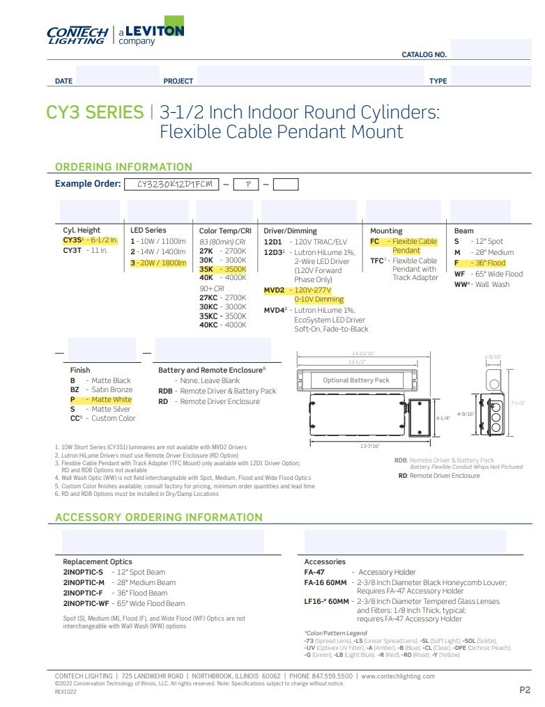 Contech CY3 Series 6 1/2" Matte White Cylinder Pendant light with cord 3500K gallery