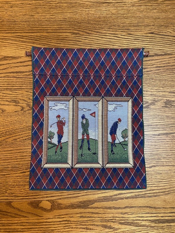 Three Golf Theme Tapestry Wall Hangings Two 2001 16”x12.75” And One 41.5” X 6” gallery