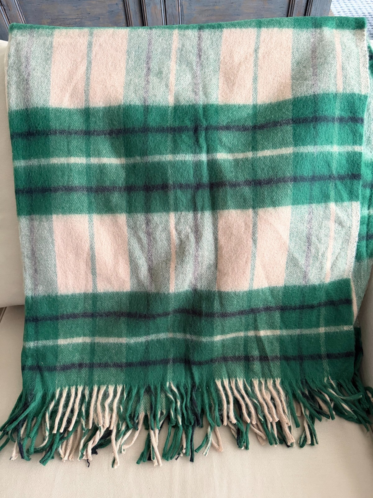 Vintage FIELDCREST Green Beige Black Plaid Throw Fringe gallery
