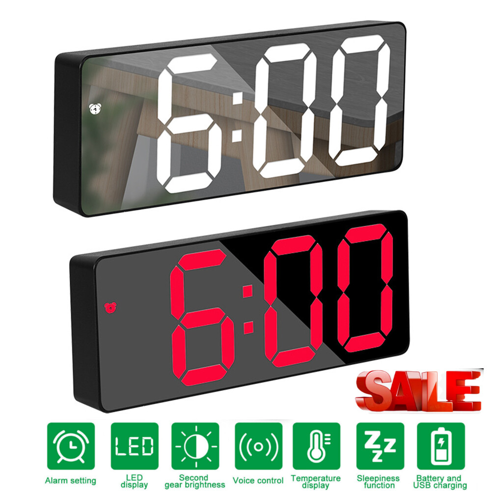 Digital LED Desk Alarm Clock Large Mirror Display USB Snooze Temperature Mode US gallery