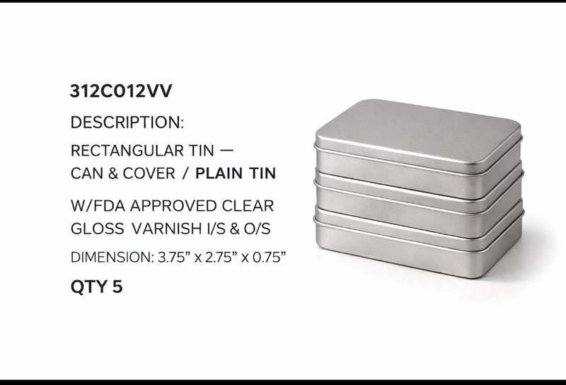5 NEW Rectangular Plain Tin Containers w/Lids FDA Approved 3.75x2.75x0.75 gallery
