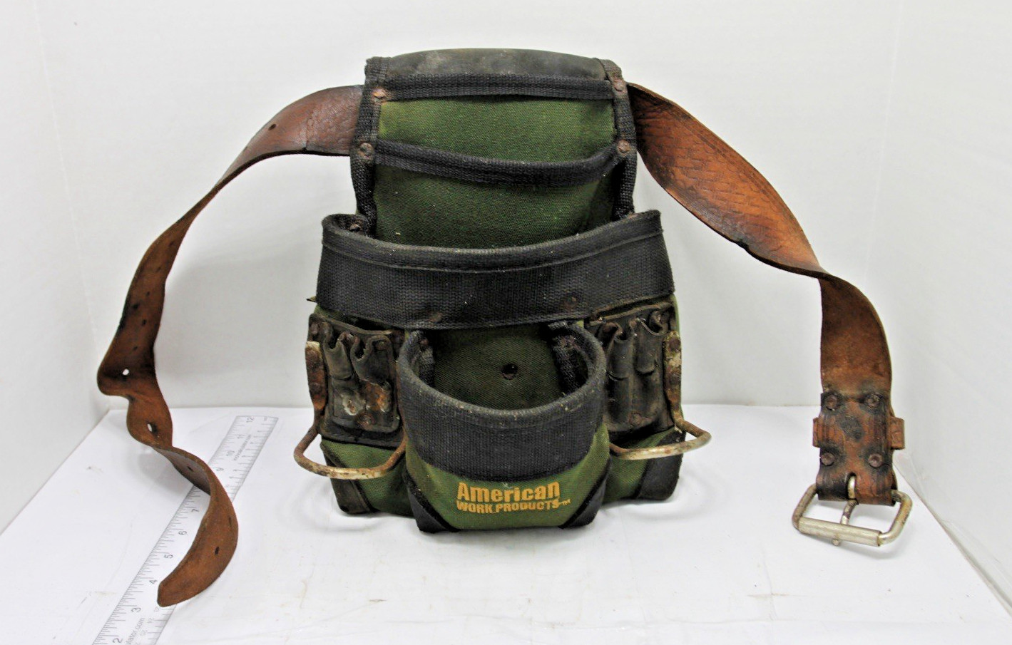 Action Work Products Gold Green Canvas Carpenter Tool Bag Pouch & Belt USED gallery
