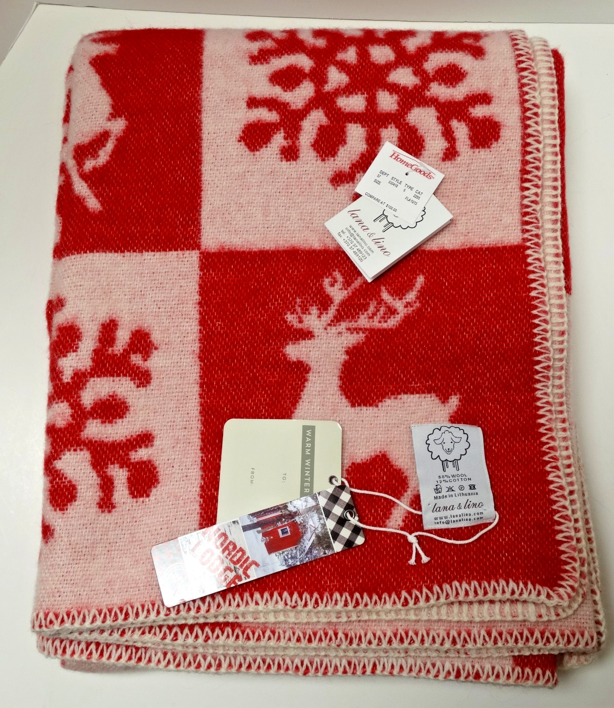 LANA & LINO WOOL blend BLANKET REINDEER SNOWFLAKE Throw RED & WHITE ~ 72" x 54" gallery