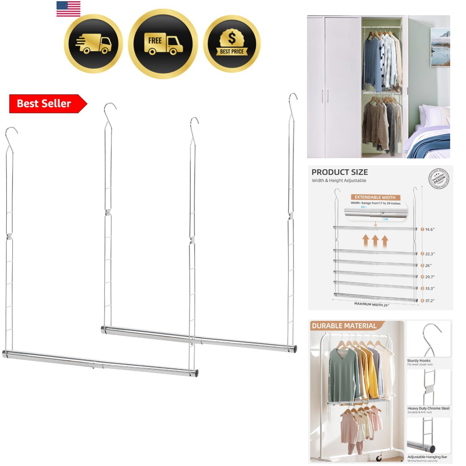 Hanging Closet Rod, Adjustable Width and Height Closet Hanging Organizer, Spa... gallery