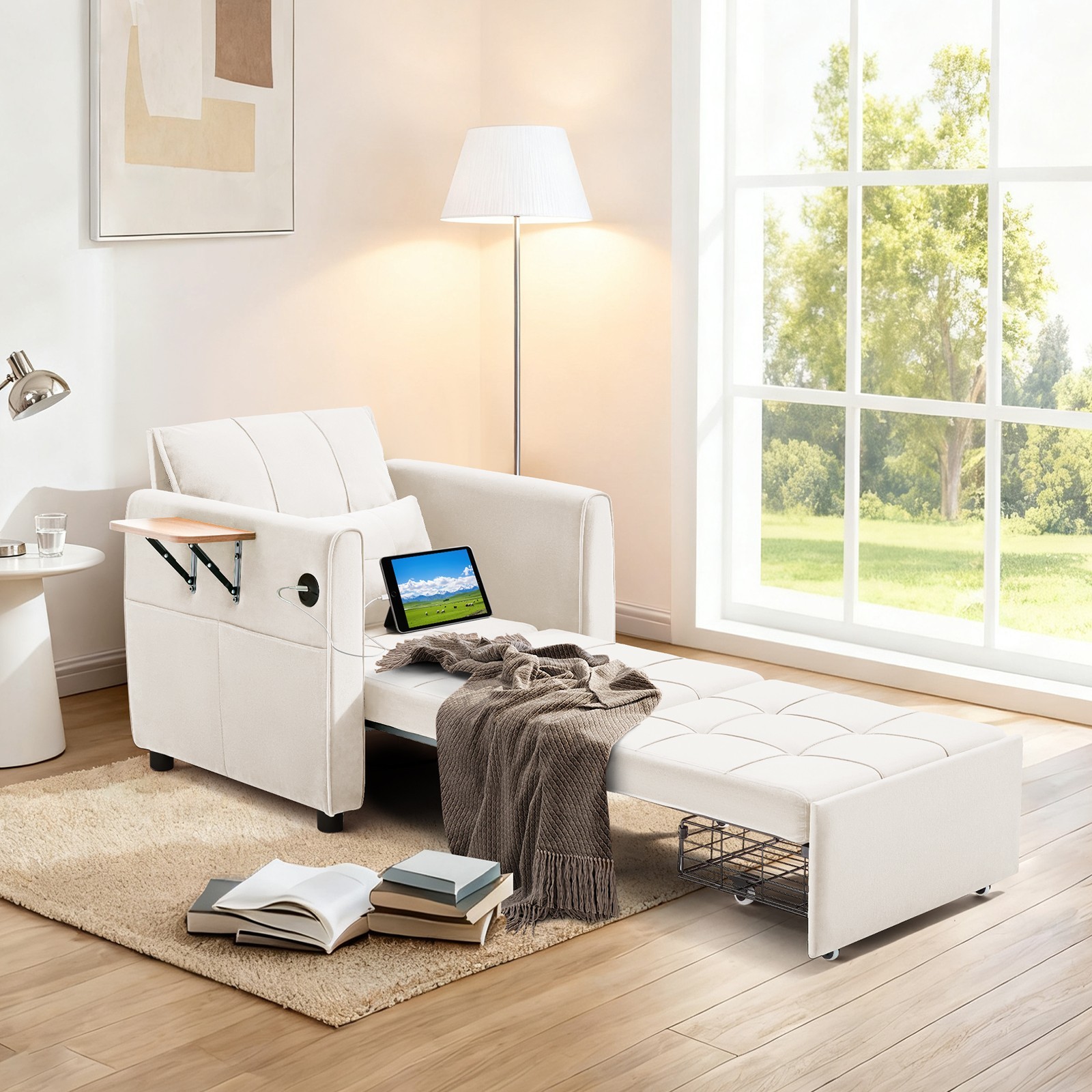 90" Pull Out Chair Bed For Adults With Wing Table , USB Charging & Storage gallery
