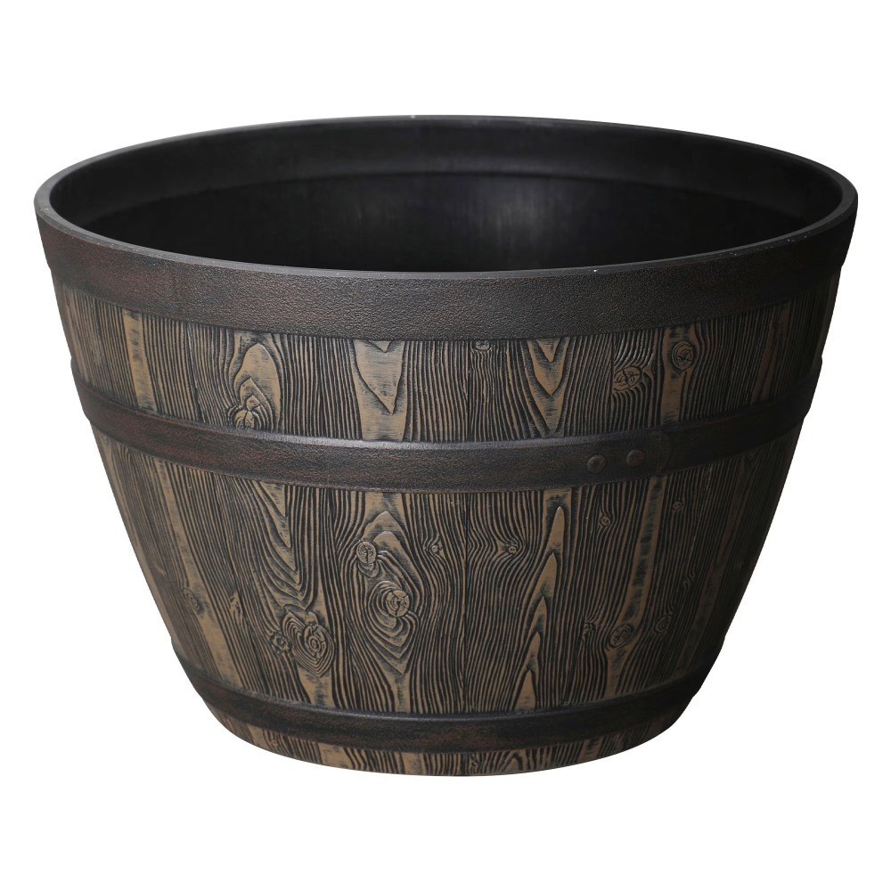 Whiskey Barrel Brown 100% Recycled Resin Planter, 19.9in x 19.9in x 13in gallery
