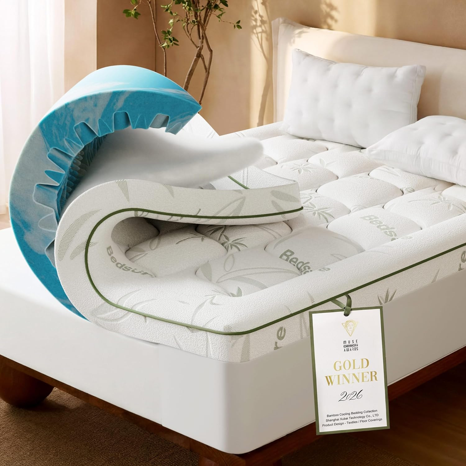 5 Inch Memory Foam Mattress Topper Queen Dual Layer Bamboo Cover Flippable White gallery