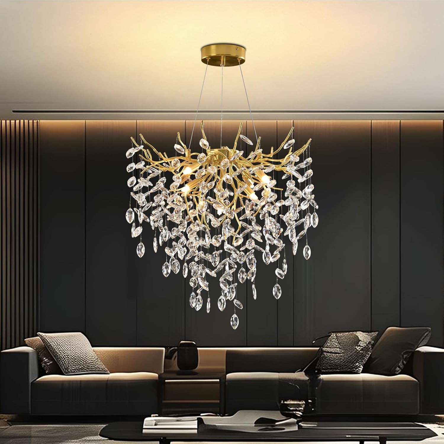 Modern Tree Branch Crystal Chandelier,Gold Round Raindrop Pendant Lighting gallery